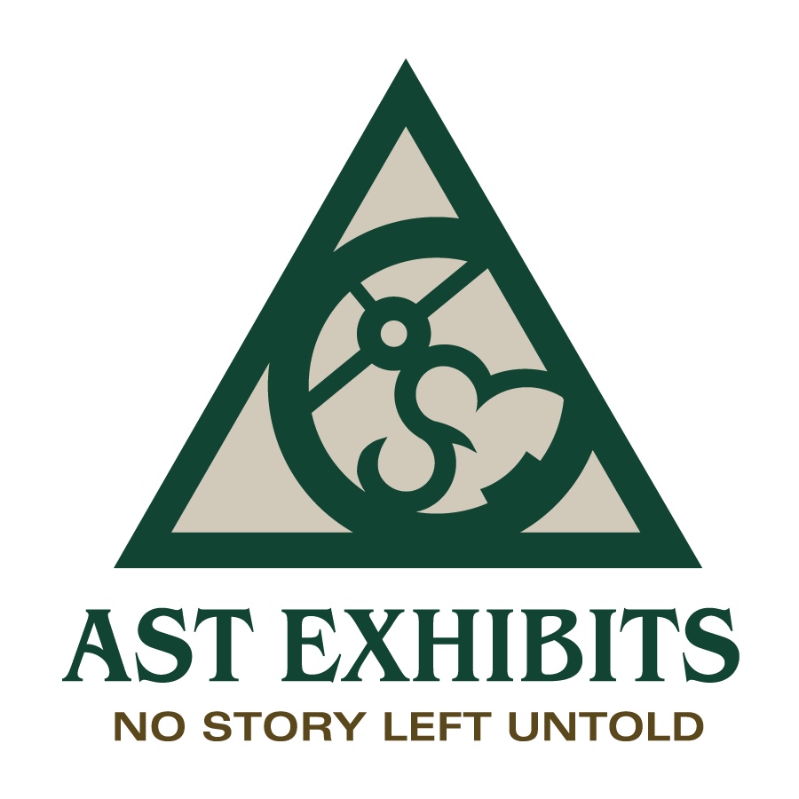 Vector illustration of a triangular section of an astrolabe above the words AST Exhibits: No Story Left Untold