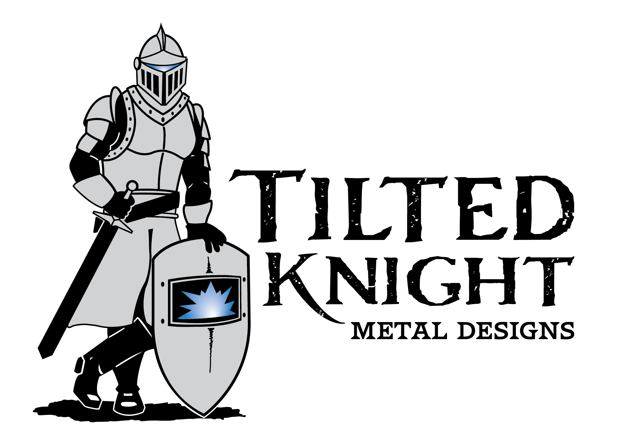 custom illustration of a mideval knight in a suit of armour casually leaning on a large shield that resembles a welding helmet and the words tilted knight metal designs beneath him