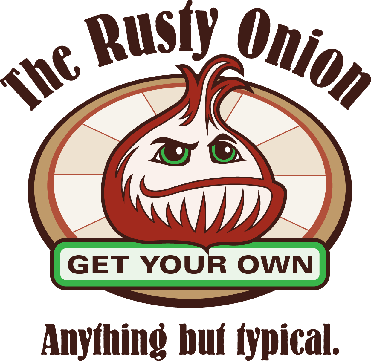 An illustated, personified onion with a mischievious expression positioned in front of a sunburst pattern that references a pizza surrounded by the words The Rusty Onion – get your own