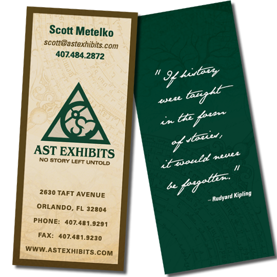 A narrow business card that doubles as a bookmark with the AST Exhibits logo on the front and a quote by Rudyar Kipling that references storytellingon the back