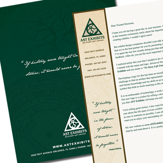 A two-sided letterhead with emerald green hues on the back and complimentary earth tones on the front, featuring the brand elements of AST Exhibits