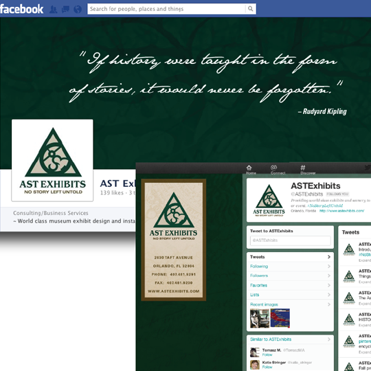 Screenshots of the redesigned social media pages for AST Exhibits featuring their new brand aesthetic