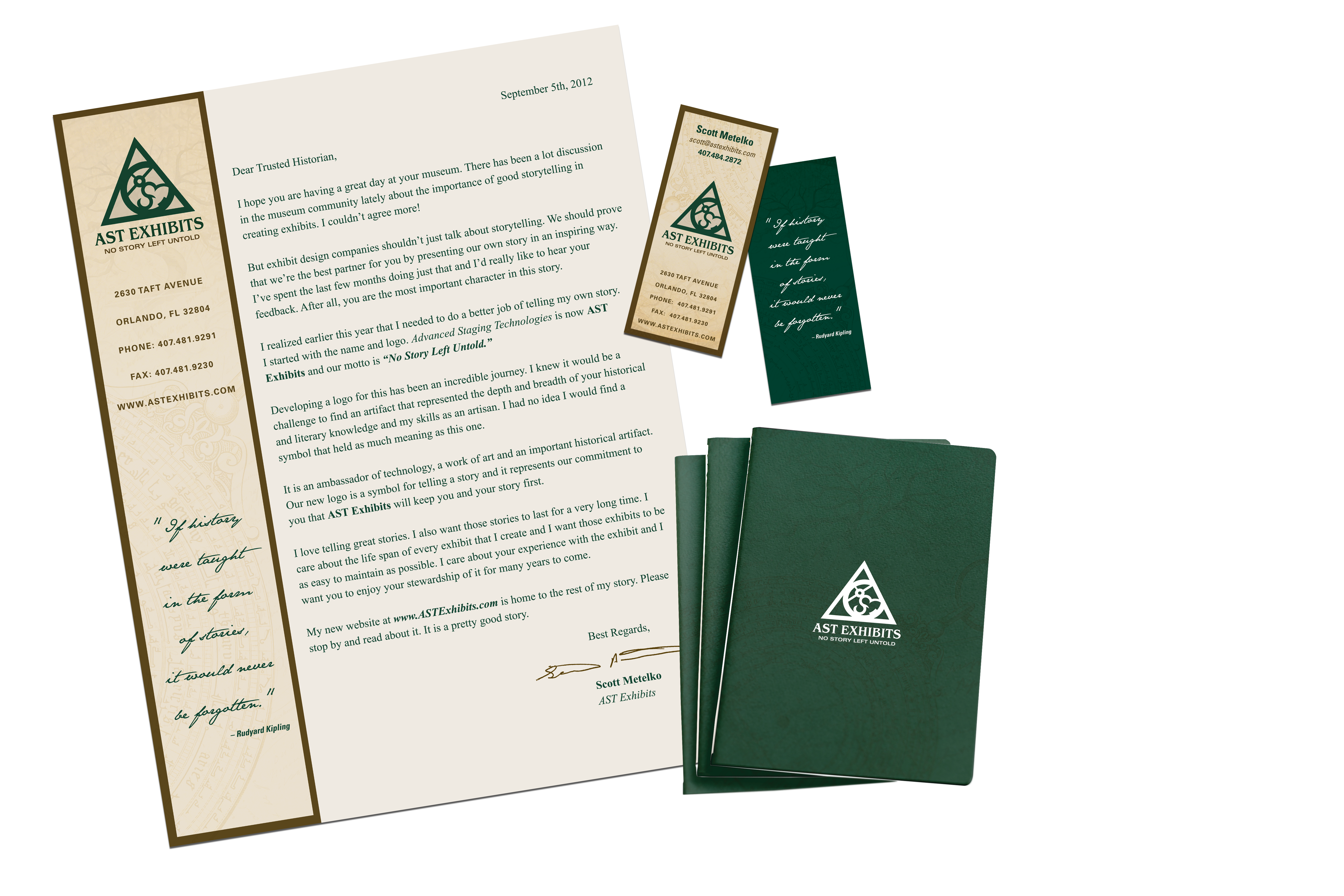 A letter written on AST Exhibits letterhead written to potential clients to announce the rebrand and new focus, along with a bookmark-shaped business card and a set of three pocket-sized notebooks branded with AST Exhibit's logo and brand elements