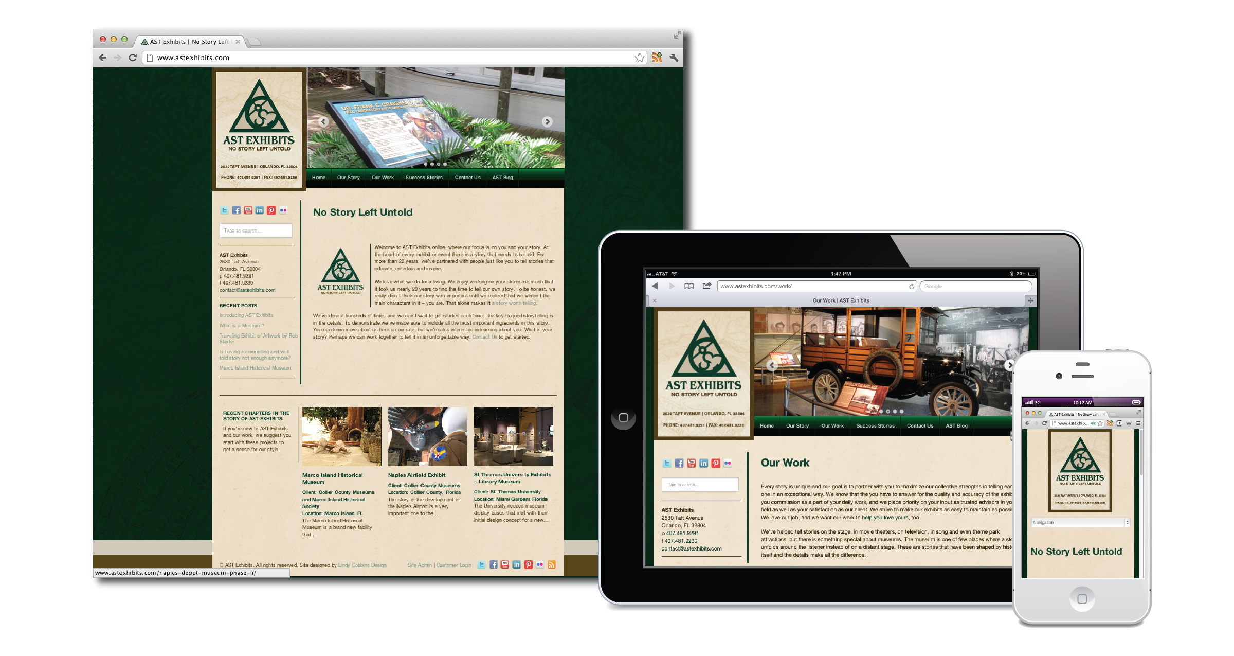 A phone,laptop, and tablet all showing the same website, resized to fit each screen width. Website is built in Wordpress and features AST Exhibits