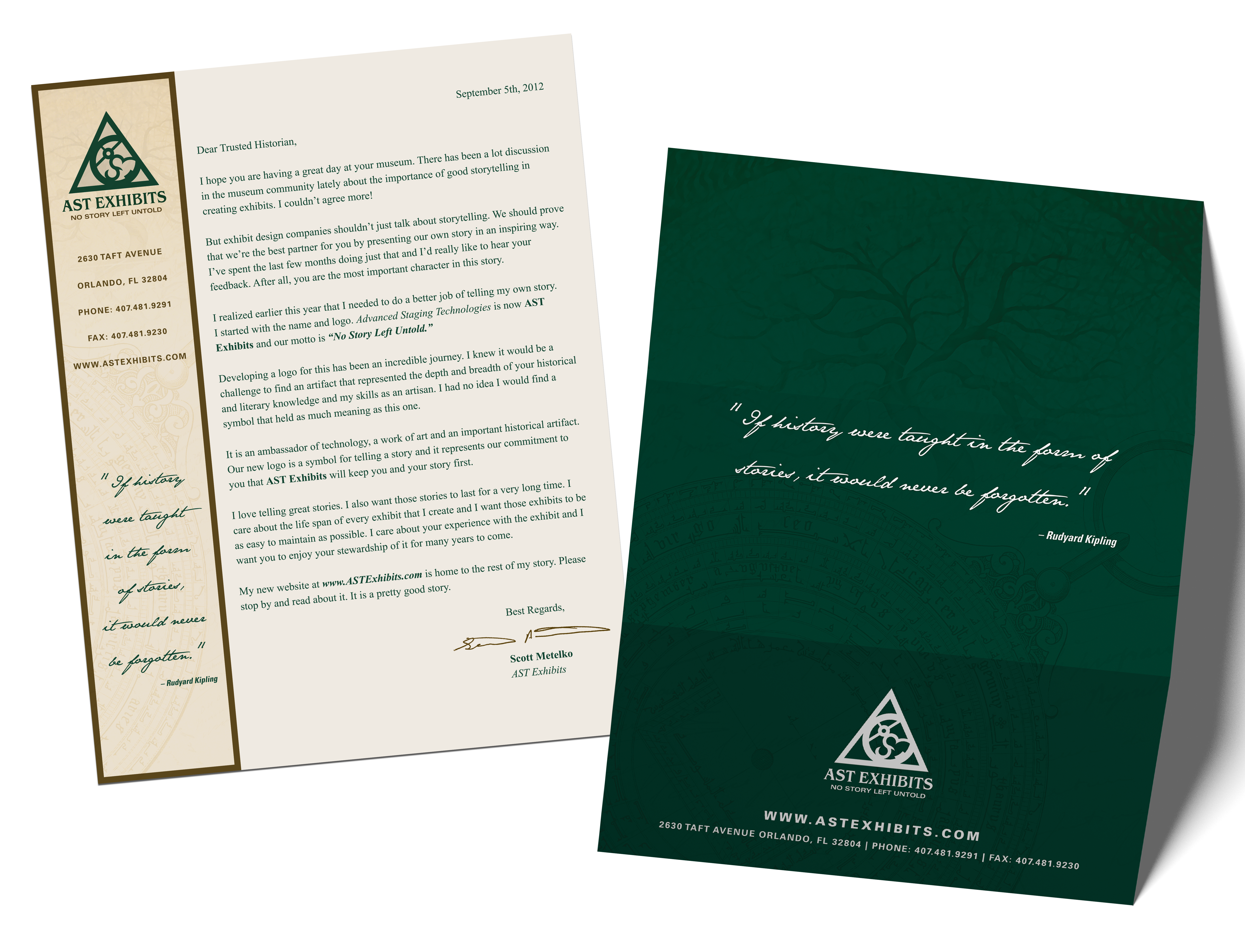 Double-sided letterhead with AST Exhibit's brand aesthetic of a front set in earth tones and the back in a custom emerald green phtoshop composition layering old handwriting, a painting of a tree, and a drawing of an astrolabe to create intrigue