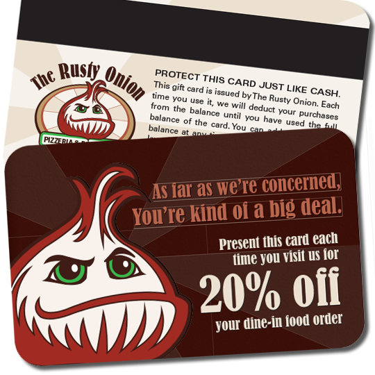 Image of a plastic loyalty card front and back with an illustrated onion offering a twenty percent discount to the cardholder