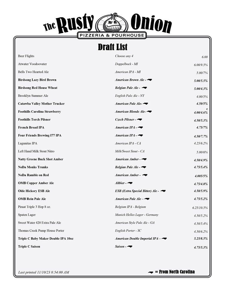 A black and white beer enu on letter sized paper at portrait orientation with a list of beers and an icon shaped like the state of North Carolina next to all beers made in NC