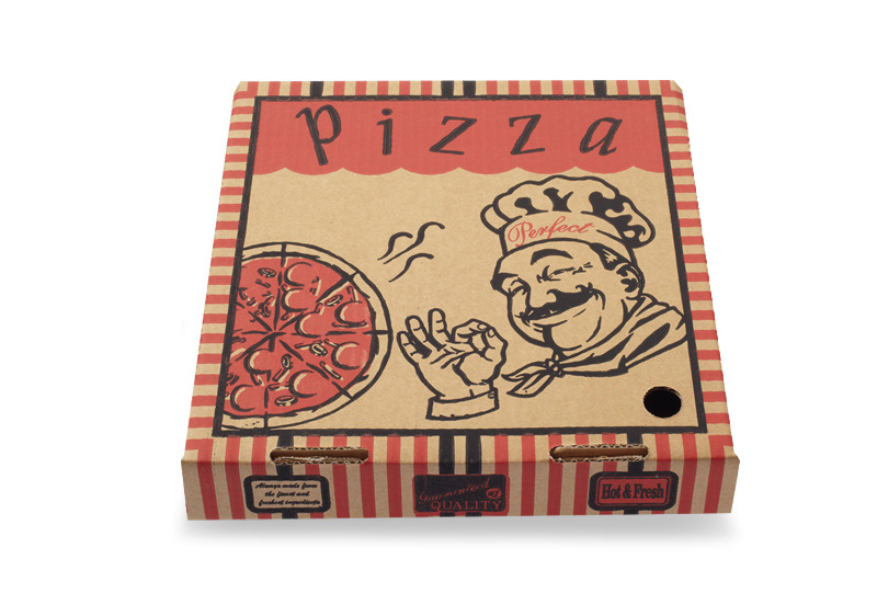 Image of a generic, unbranded pizza box with clip art of a stereotypical italian chef and a pizza