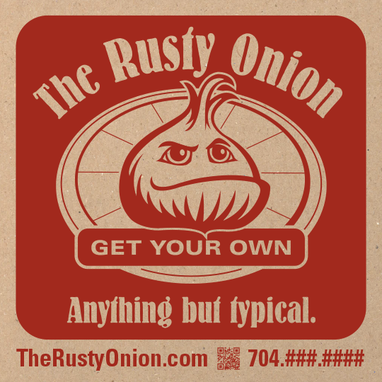 The initial design for the Rusty Onion pizza box features the logo in one color with the web address, phone number, and a QR code that opens the website when scanned