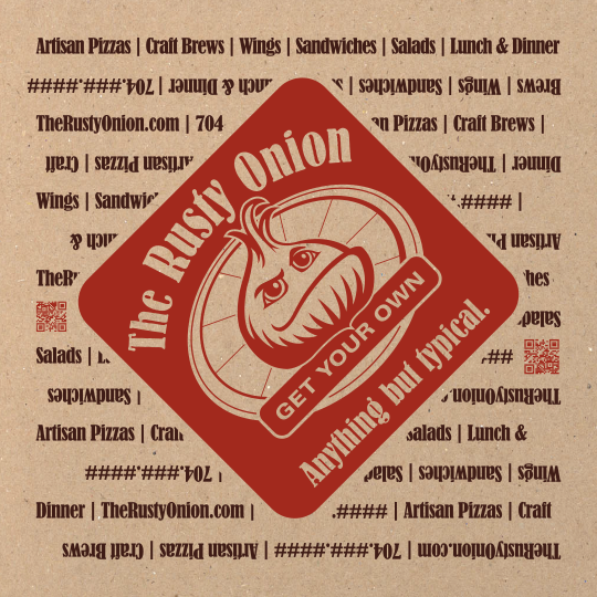 Pizza box with the Rusty Onion logo in red rotated at 45 degrees in the center with brown text listing the full restaurant product offering all around