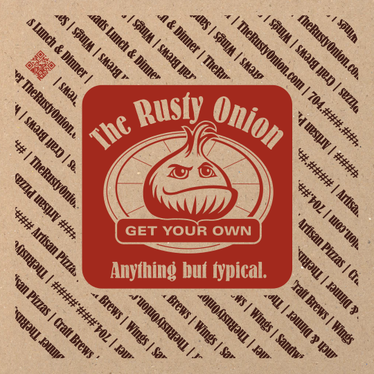 Pizza box with the Rusty Onion logo set in red in the center with brown text listing the full restaurant product offering all around rotated at 45 degrees