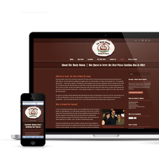 A phone,laptop, and tablet all showing the same website, resized to fit each screen width. Website is built in Wordpress and features The Rusty Onion