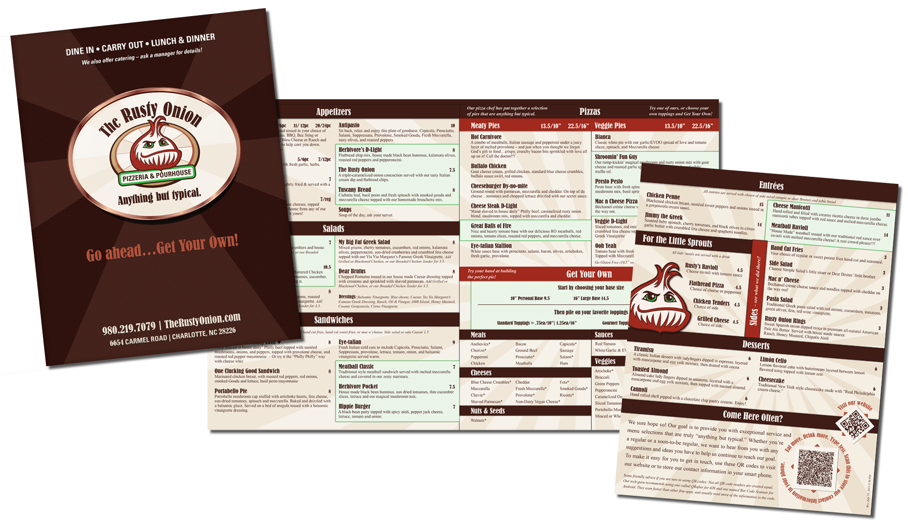 Front-and-back image of the Rusty Onion menu, with lively typesetting and use of the full brand color palette, which includes a rich brown, shades of warm tan, deep red, and vibrant green