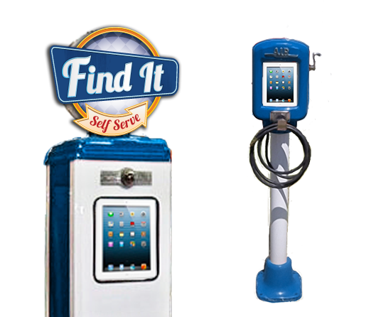 A raster illustration of an ipad kiosk in the style of vintage gas pump or air pump