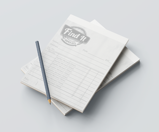 Cropped image of a notepad with grayscale graphics that reference vintage service station tickets, invoices, or receipts