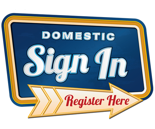 A vector illustration of a sign in the style of vintage service stations with a blue background and a frame with marquee lighting and an arrow at the bottom that points to the right with text that reads Domestic Sign In Register Here